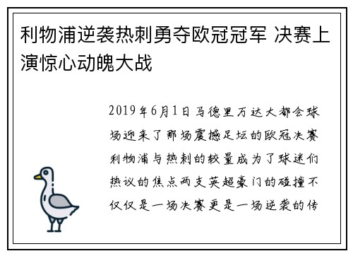 利物浦逆袭热刺勇夺欧冠冠军 决赛上演惊心动魄大战